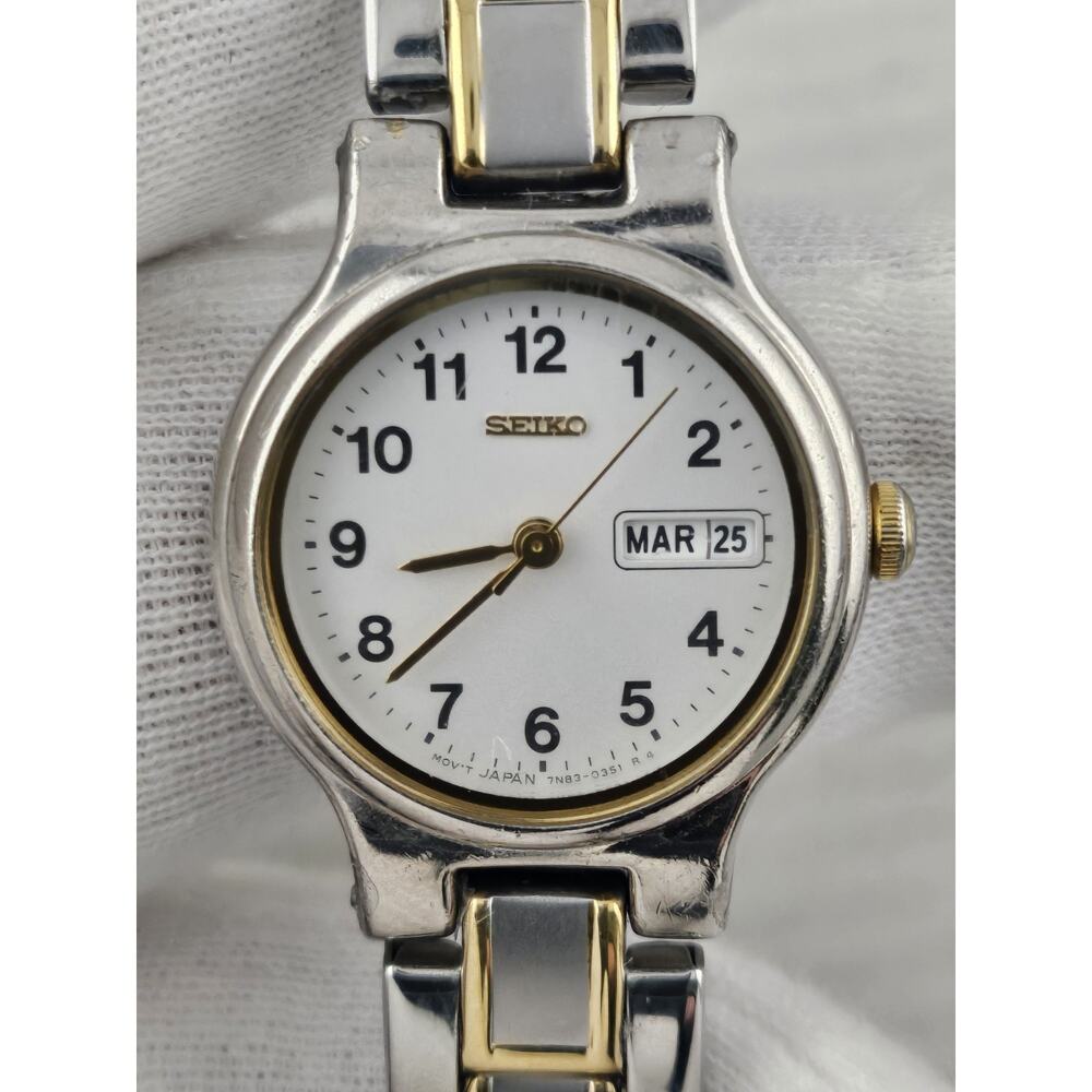 Seiko 7N83-0351 Quartz Watch Day Date Gold Silver Band Unisex New Battery Runs